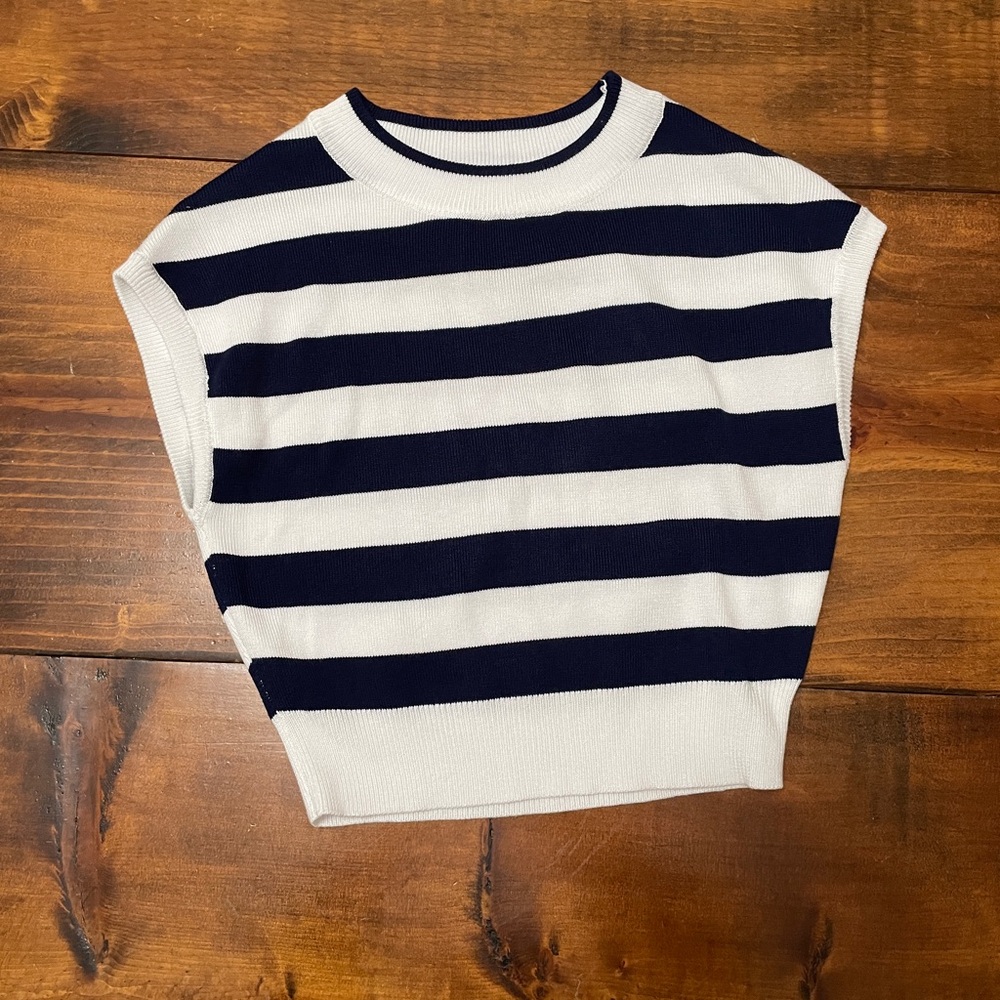 Navy Blue and White XS Striped Tank Cropped Sweater Nautical Vibes